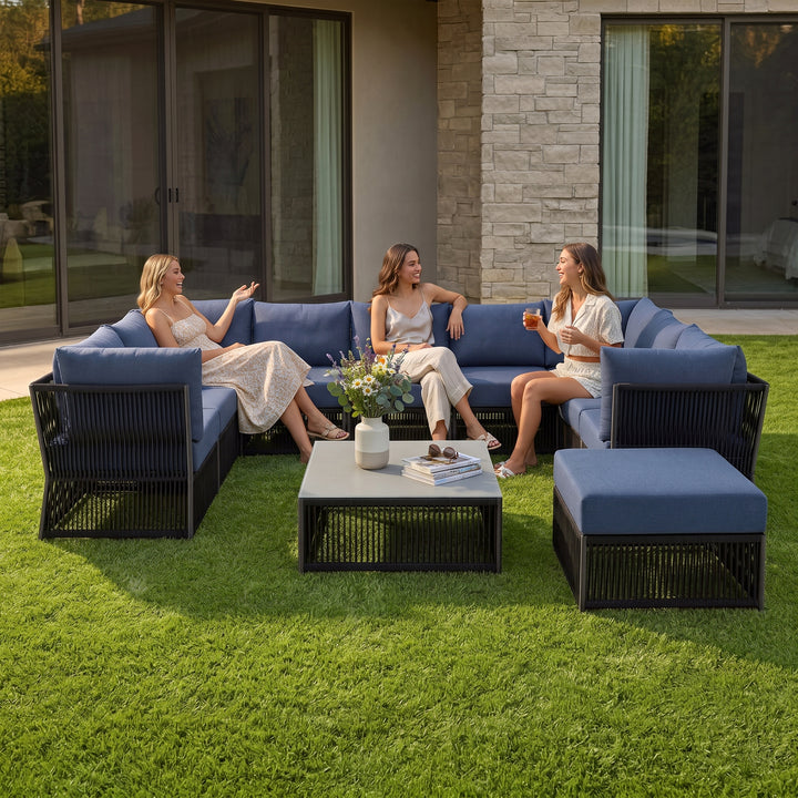 Griselda Outdoor Sofa Set 9 Seater, 1 Ottoman and 1 Center Table Set Braided & Rope