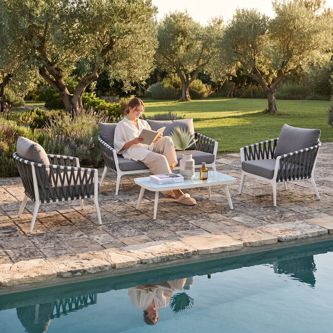 Mazzanti Outdoor Sofa Set 2 Seater , 2 Single seater and 1 Center Table (White + Brown) Braided & Rope