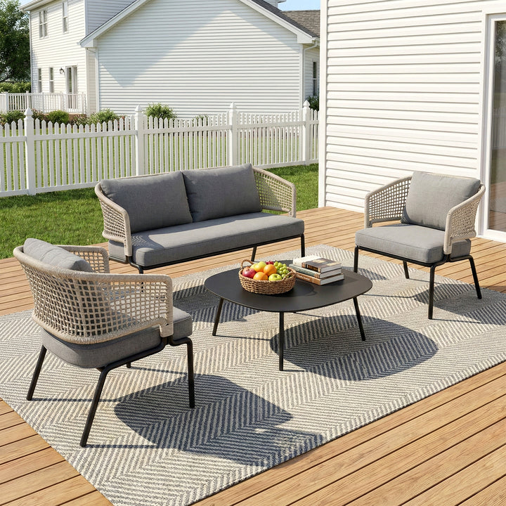 Perola Outdoor Garden Balcony Sofa Set 2 Seater , 2 Single Seater 1 Center Table Set (Grey) Braided and Rope