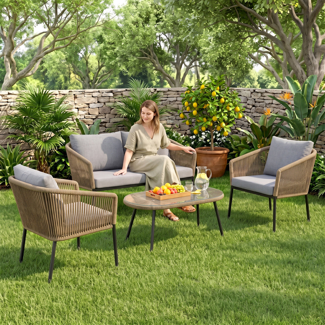 Puffen Outdoor Garden Balcony Sofa Set 2 Seater , 2 Single Seater 1 Center Table Set Braided and Rope