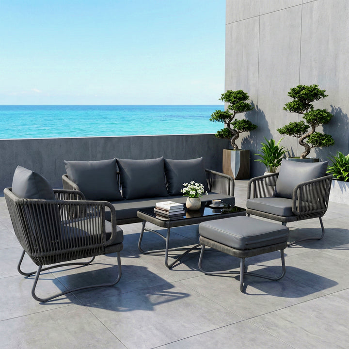 Castolo Outdoor Garden Balcony Sofa Set 3 Seater, 2 Single Seater 1 Ottoman and 1 Center Table Set Braid & Rope (Grey)