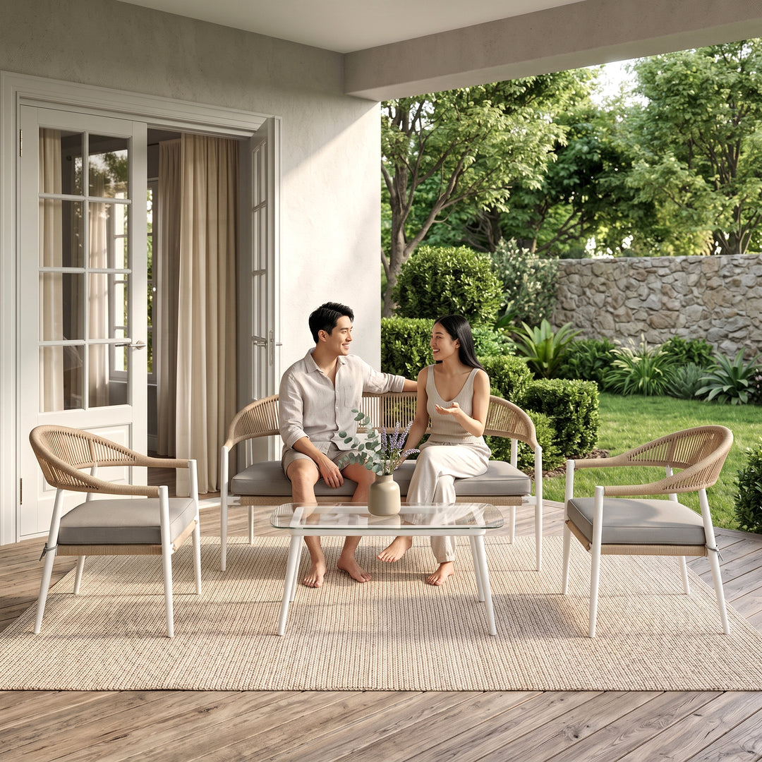 Marianela Outdoor Sofa Set 2 Seater, 2 Single seater and 1 Center Table Set (White) Braided & Rope
