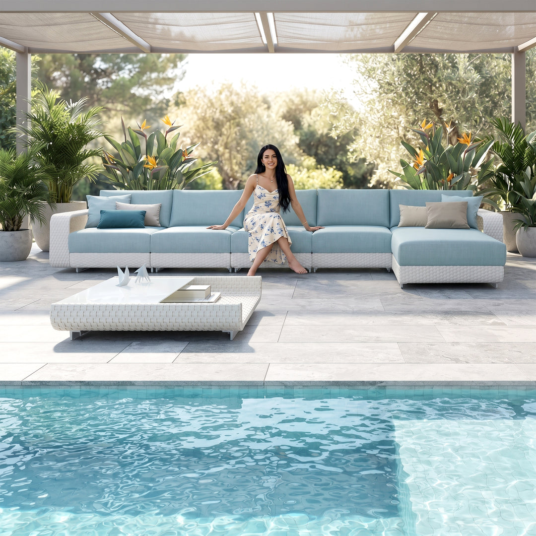 Aris Outdoor Garden Balcony Sofa Set 5 Seater ,1 Center Table With 1 Ottoman Set (White)
