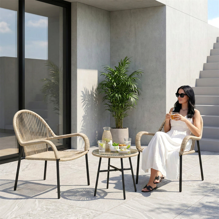 Kivas Outdoor Patio Seating Set 2 Chairs and 1 Table Set (Beige) Braided & Rope