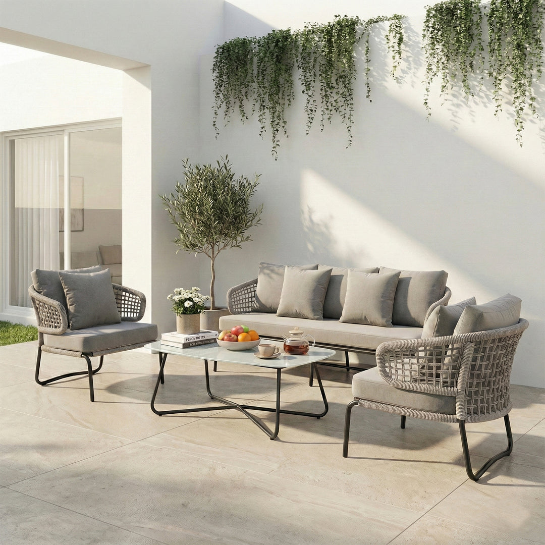 Velory Outdoor Sofa Set 3 Seater , 2 Single seater and 1 Center Table Set (Grey) Braided & Rope