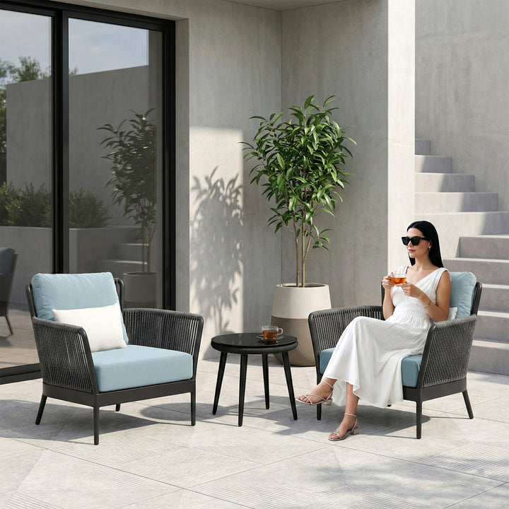 Conti Outdoor Patio Seating Set 2 Chairs and 1 Table Set (Grey) Braided & Rope
