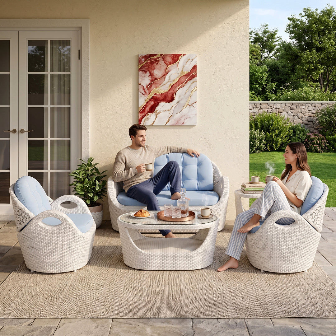 Arana Outdoor Sofa Set 2 Seater, 2 Single seater, 1 Side table and 1 Center Table (White)