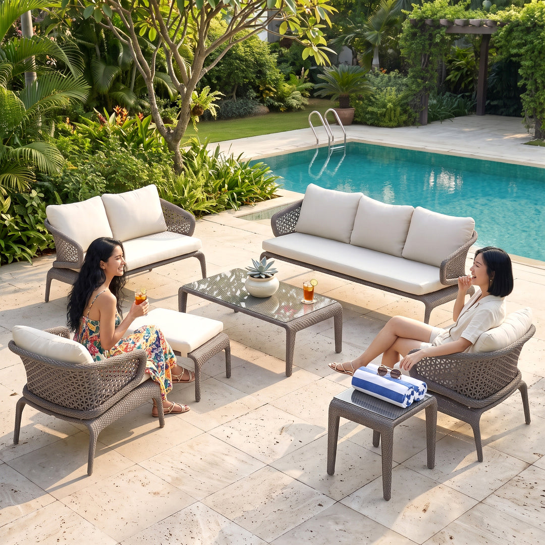 Bart Outdoor Garden Balcony Sofa Set  3 Seater , 2 Seater ,2 Single Seater and 1 Center Table With 1 Side Table and 1 Ottoman Set (Grey)
