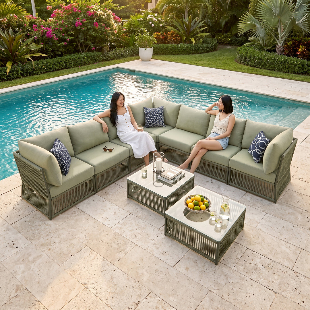 Deifilia Outdoor Sofa Set 7 Seater and 2 Center Table Set (Green) Braided & Rope