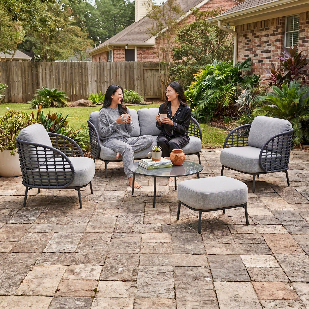 Locator Outdoor Sofa Set 2 Seater, 2 Single seater with ottoman and 1 Center Table Set (Dark Grey) Braided & Rope
