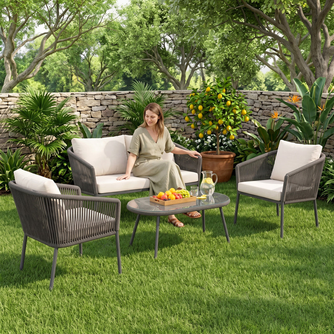 Puffen Outdoor Garden Balcony Sofa Set 2 Seater , 2 Single Seater 1 Center Table Set Braided and Rope