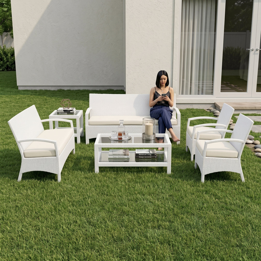 Hudson Outdoor Garden Balcony Sofa Set 3 Seater, 2 Seater With 2 Single Seater and 1 Center Table With 1 Side Table Set (White)