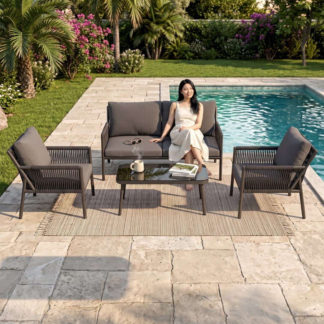 Deny Outdoor Sofa Set 2 Seater , 2 Single seater and 1 Center Table Set (Grey) Braided & Rope