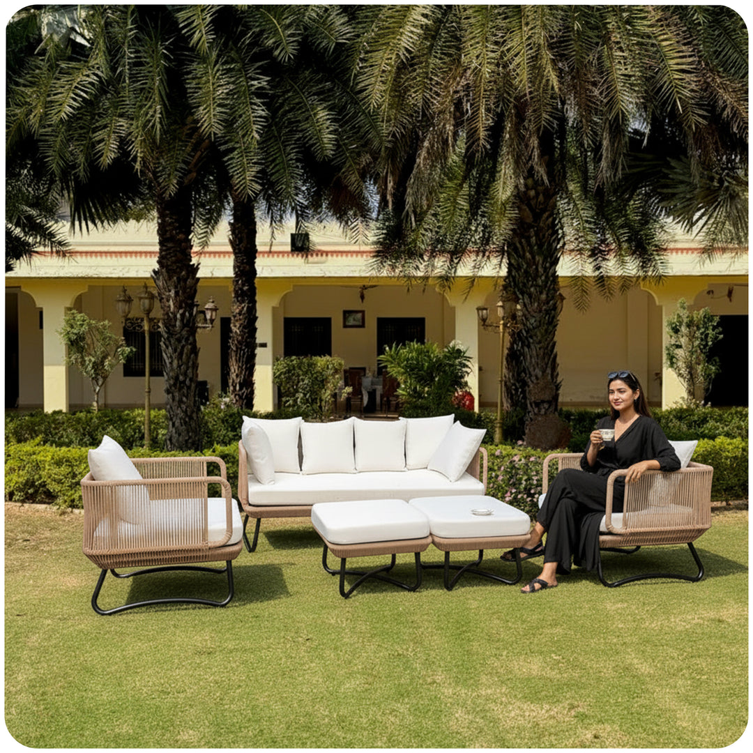 Kuub Outdoor Sofa Set 3 Seater, 2 Single seater,2 Ottoman(Tan)