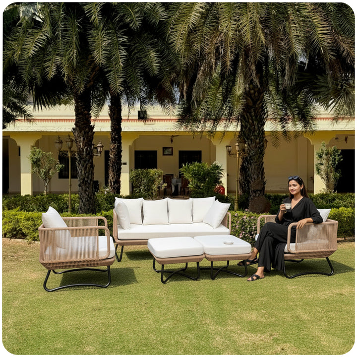 Kuub Outdoor Sofa Set 3 Seater, 2 Single seater,2 Ottoman(Beige) Braided and Rope