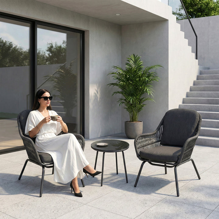 Pillar Outdoor Patio Seating Set 2 Chairs and 1 Table Set (Dark Grey) Braided & Rope