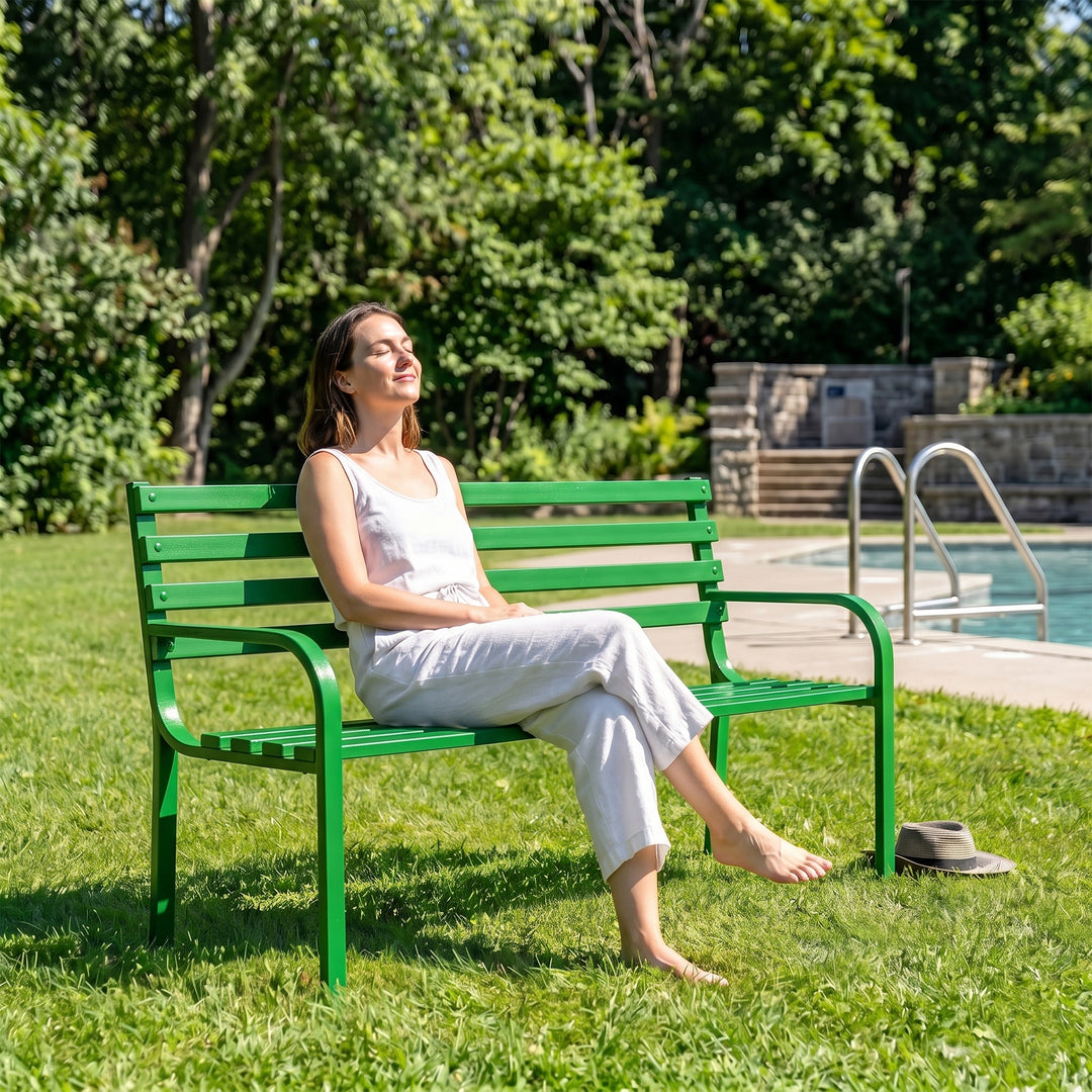 Linen Metal 3 Seater Garden Bench for Outdoor Park - (Green)