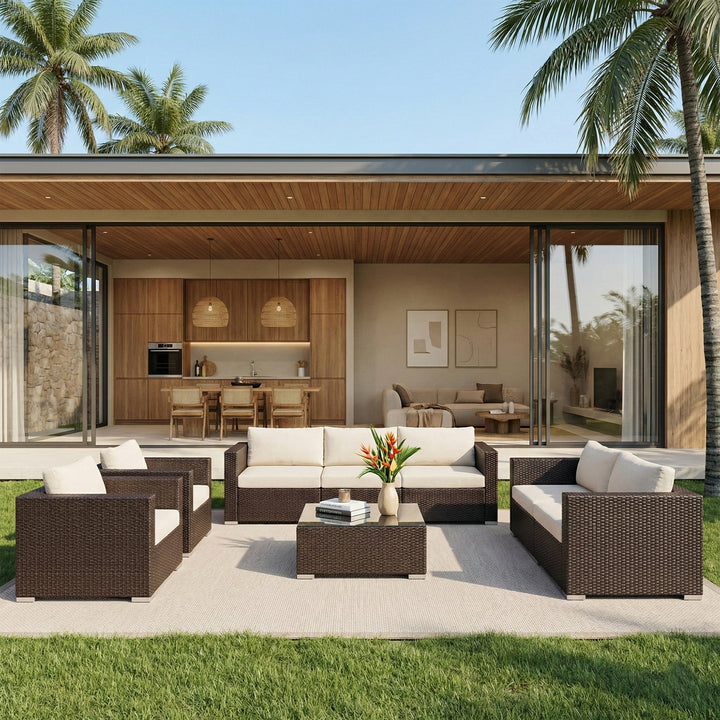 Torino Outdoor Garden Balcony Sofa Set 3 Seater, 2 Seater With 2 Single Seater and 1 Center Table With 1 Side Table Set (Brown)