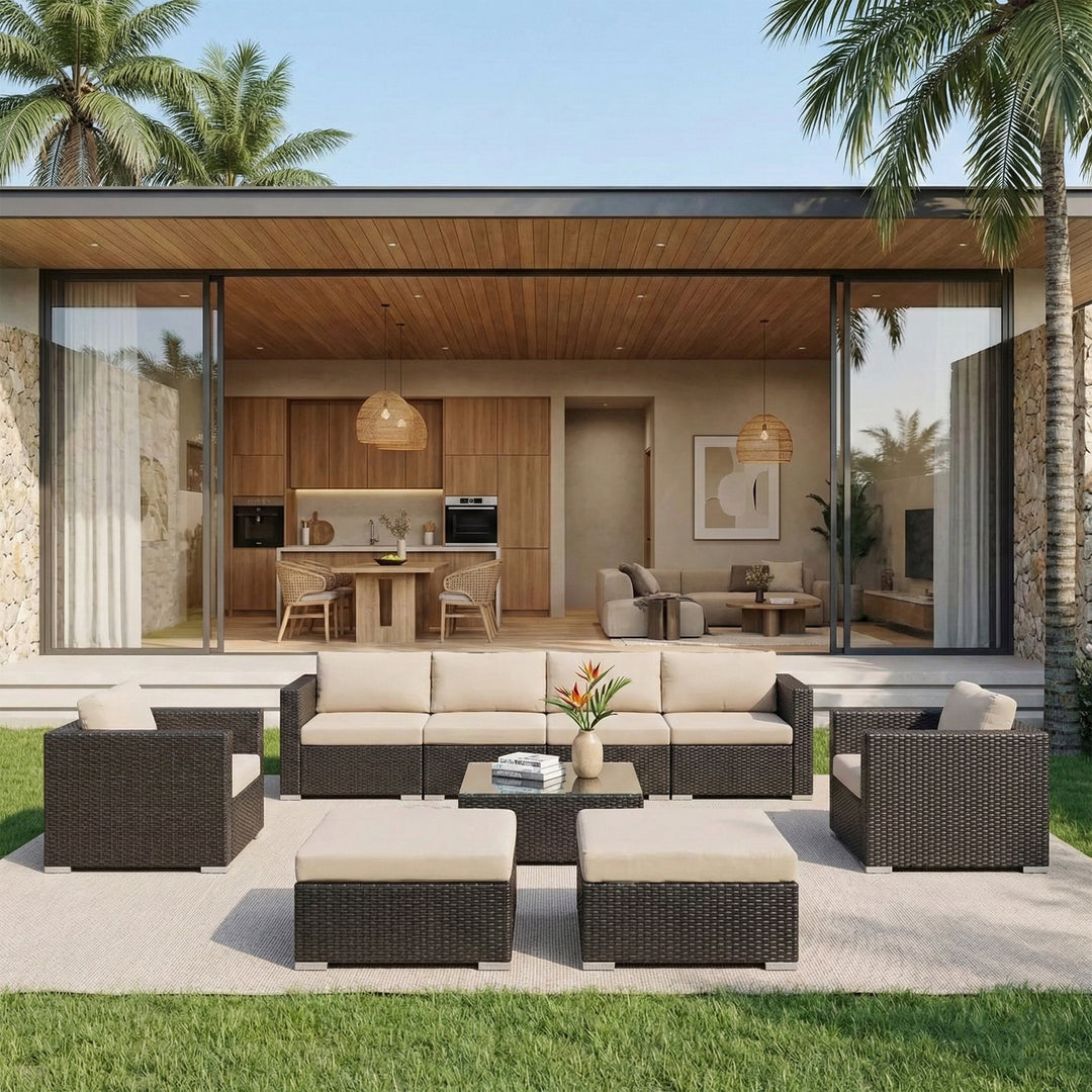 Mimi Outdoor Garden Balcony Sofa Set  3 Seater , 2 Seater ,2 Single Seater and 1 Center Table With 1 Side Table and 1 Ottoman Set (Brown)