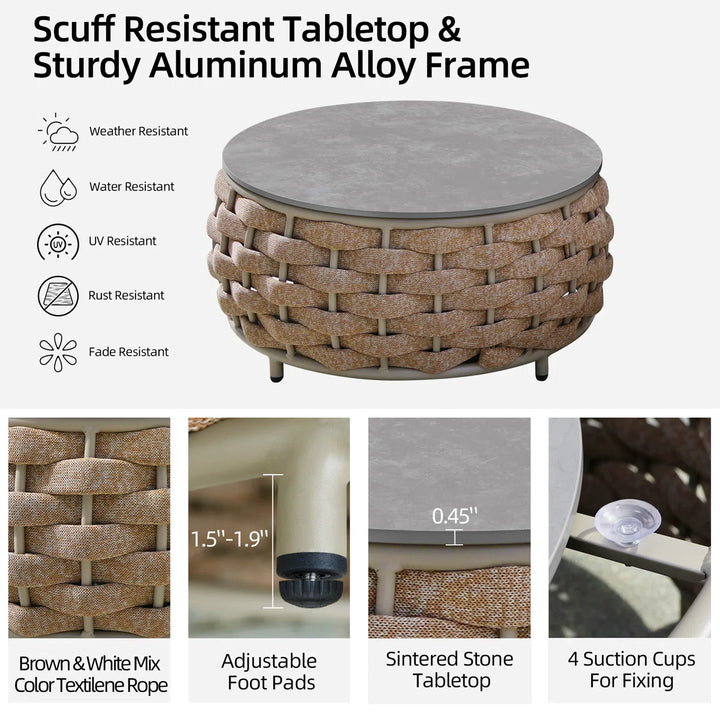 Equo Outdoor Sofa Set 2 Seater, 2 Single seater and 1 Center Table (Beige) Braided & Rope