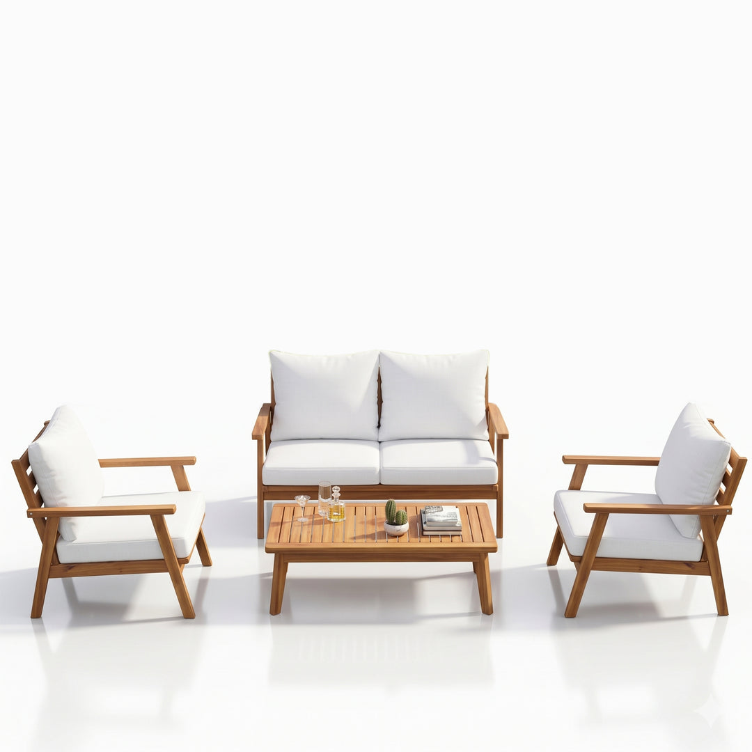 Terra Outdoor Garden Balcony Sofa Set 2 Seater , 2 Single Seater 1 Center Table Set (White) Teak Wood and Braided & Rope