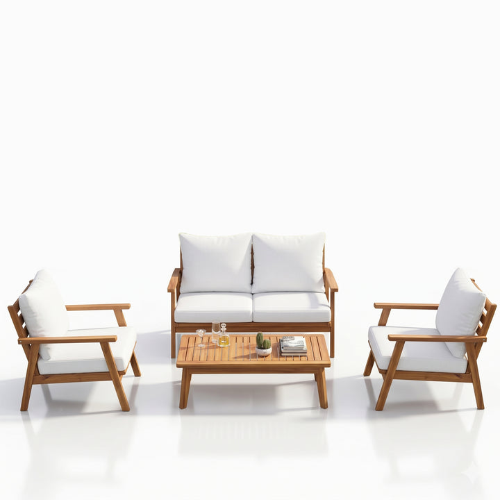Terra Outdoor Garden Balcony Sofa Set 2 Seater , 2 Single Seater 1 Center Table Set (White) Teak Wood and Braided & Rope
