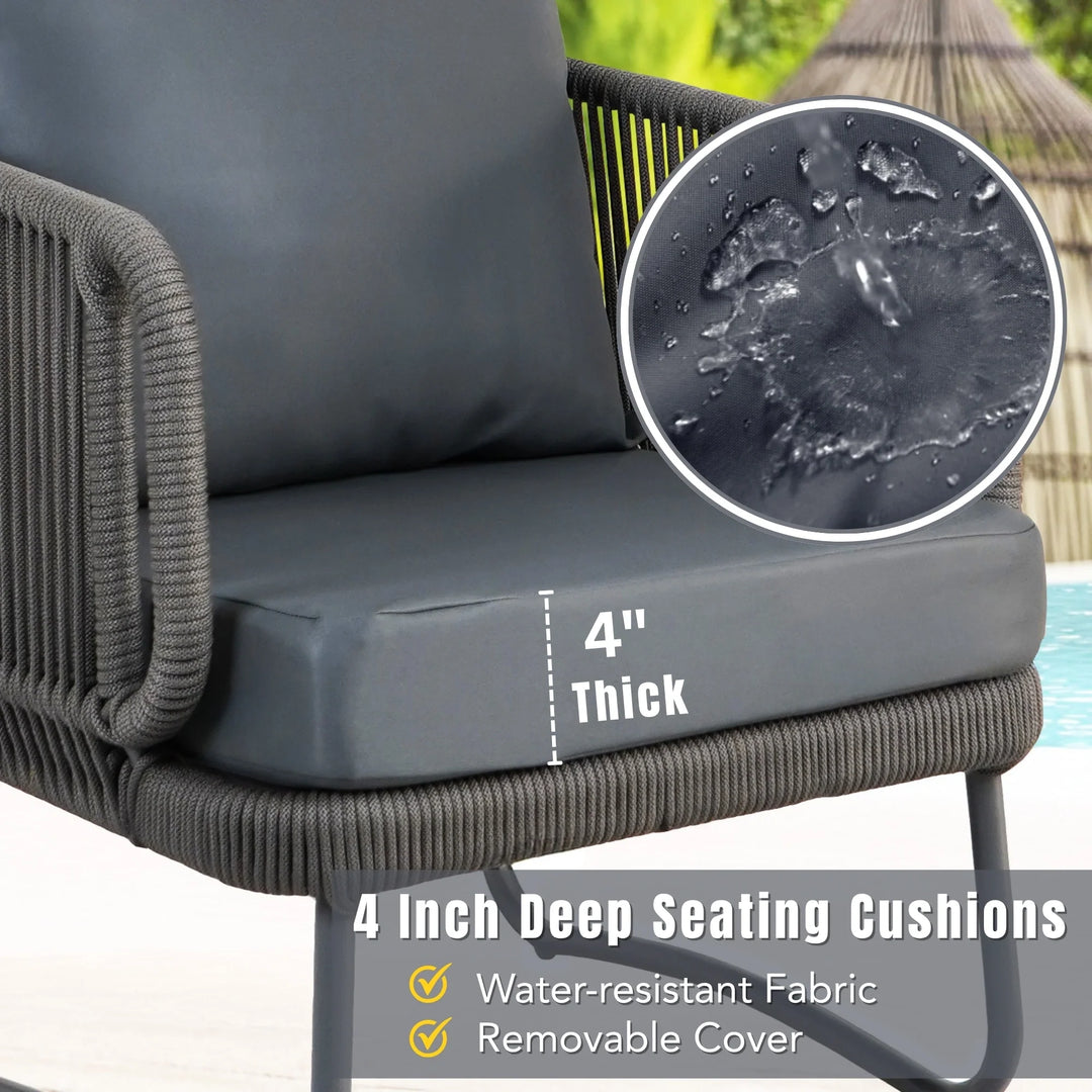 Castolo Outdoor Garden Balcony Sofa Set 3 Seater, 2 Single Seater 1 Ottoman and 1 Center Table Set Braid & Rope (Grey)