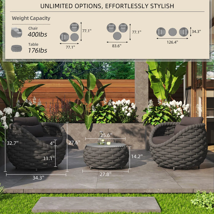 Outlee Outdoor Patio Seating Set 2 Chairs and 1 Table Set (Dark Grey) Braided & Rope