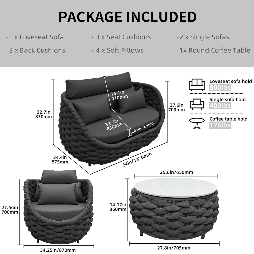 Oligon Outdoor Sofa Set 2 Seater, 2 Single seater and 1 Center Table (Dark Gery) Braided & Rope