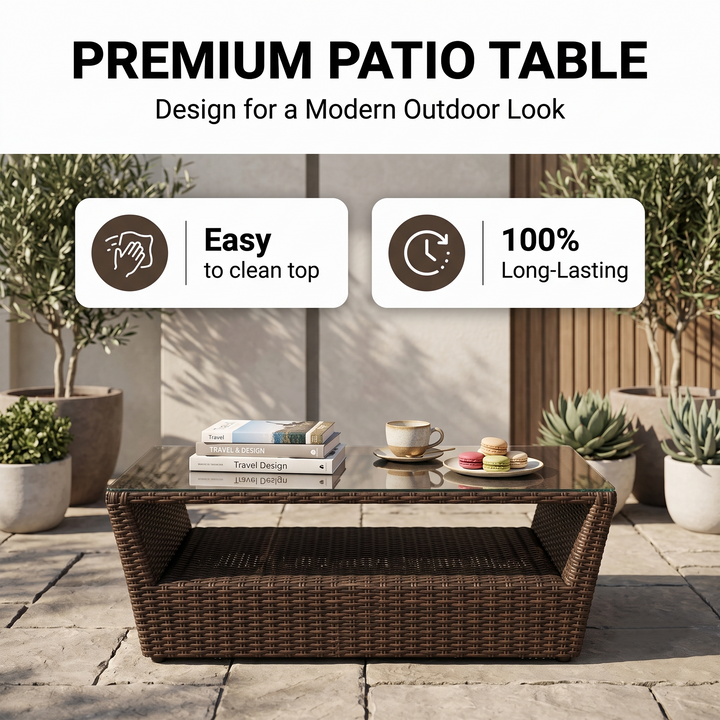 Reflin Outdoor Garden Balcony Sofa Set 2 Seater , 2 Single Seater and 1 Center Table With 1 Side Table Set (Brown + Beige)