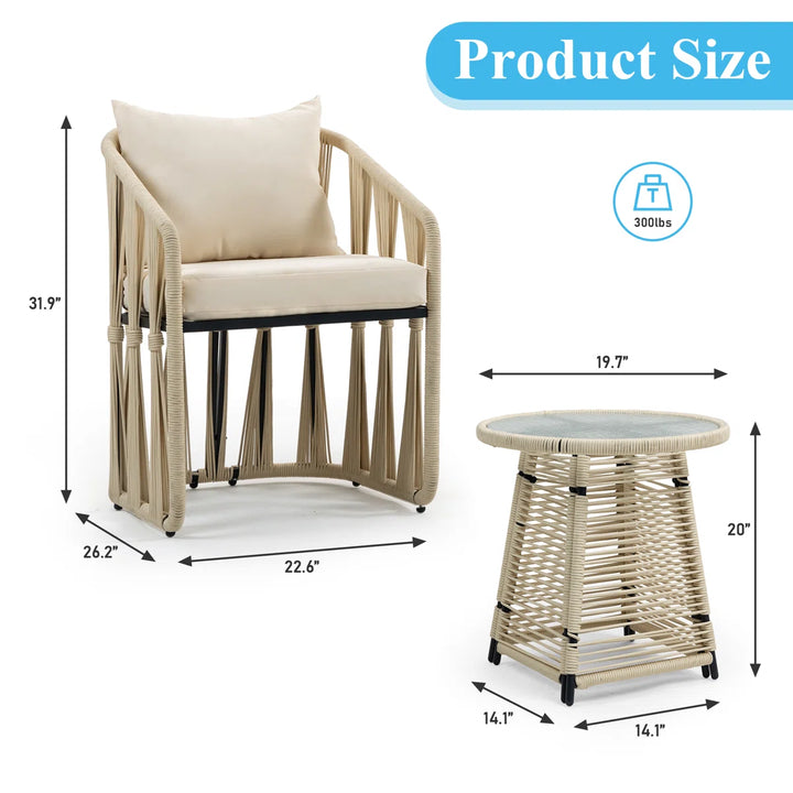Varqo Outdoor Patio Seating Set 2 Chairs and 1 Table Set Braided & Rope