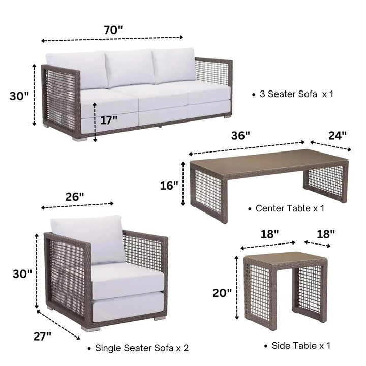 Coco Outdoor Sofa Set 3 Seater , 2 Single seater and 1 Center Table (Brown)