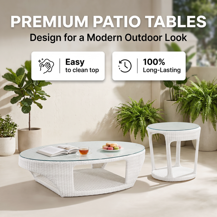 Zibra Outdoor Garden Balcony Sofa Set 2 Seater , 2  Single Seater 1 Center Table With Side Table  Set (White)