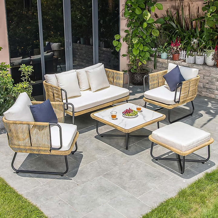 Elix Outdoor Sofa Set 2 Seater, 2 Single seater and 1 Center Table with ottoman (Tan) Braided & Rope