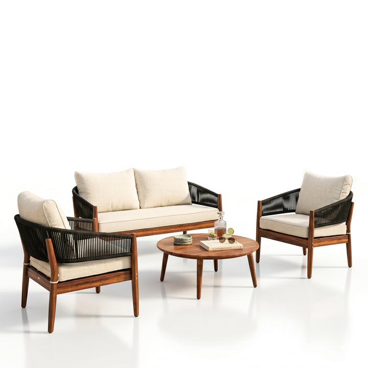Biro Outdoor Garden Balcony Sofa Set 2 Seater , 2 Single Seater 1 Center Table Set (Black) Braided and Rope