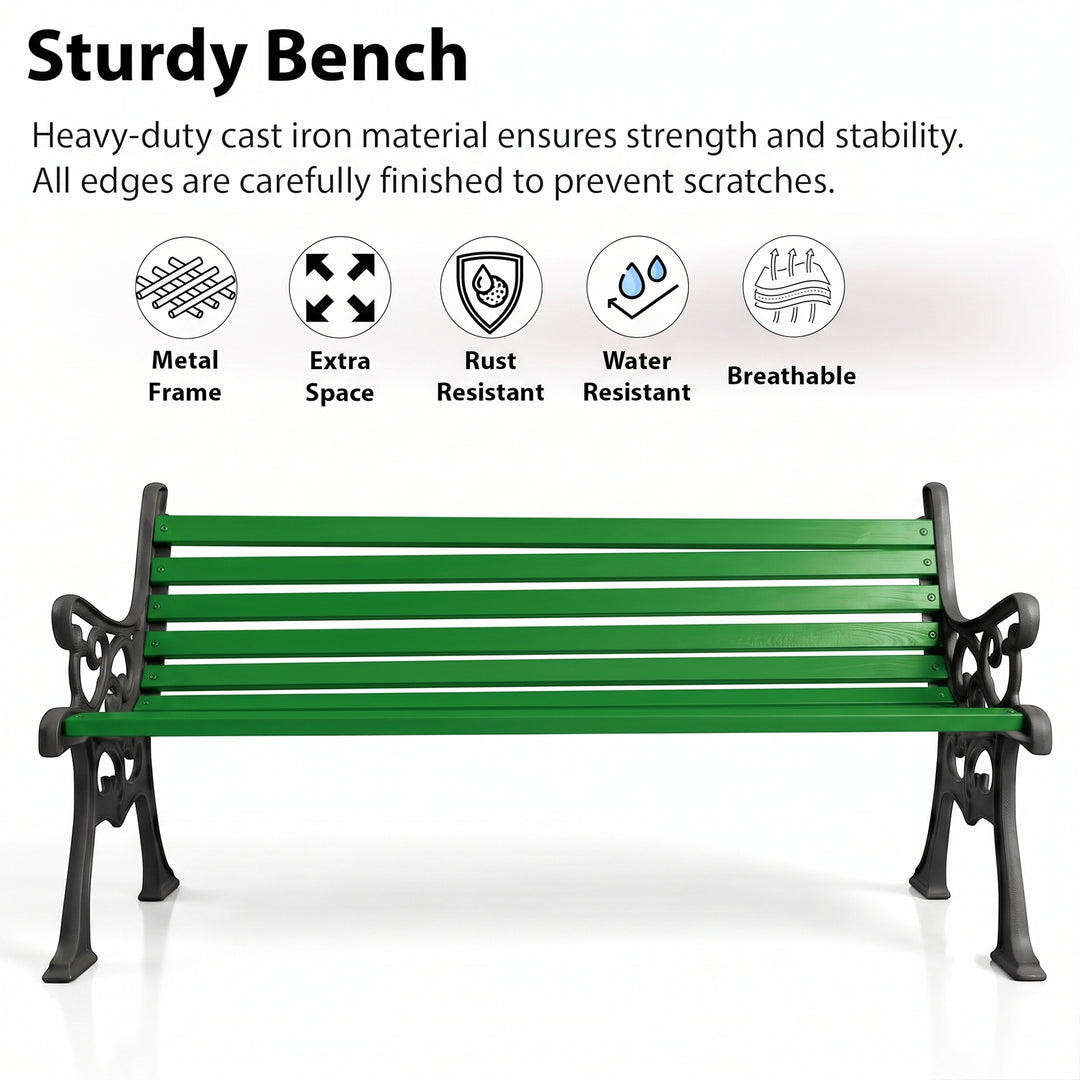 Terra Cast Iron 3 Seater Garden Bench for Outdoor Park - (Black+Green)