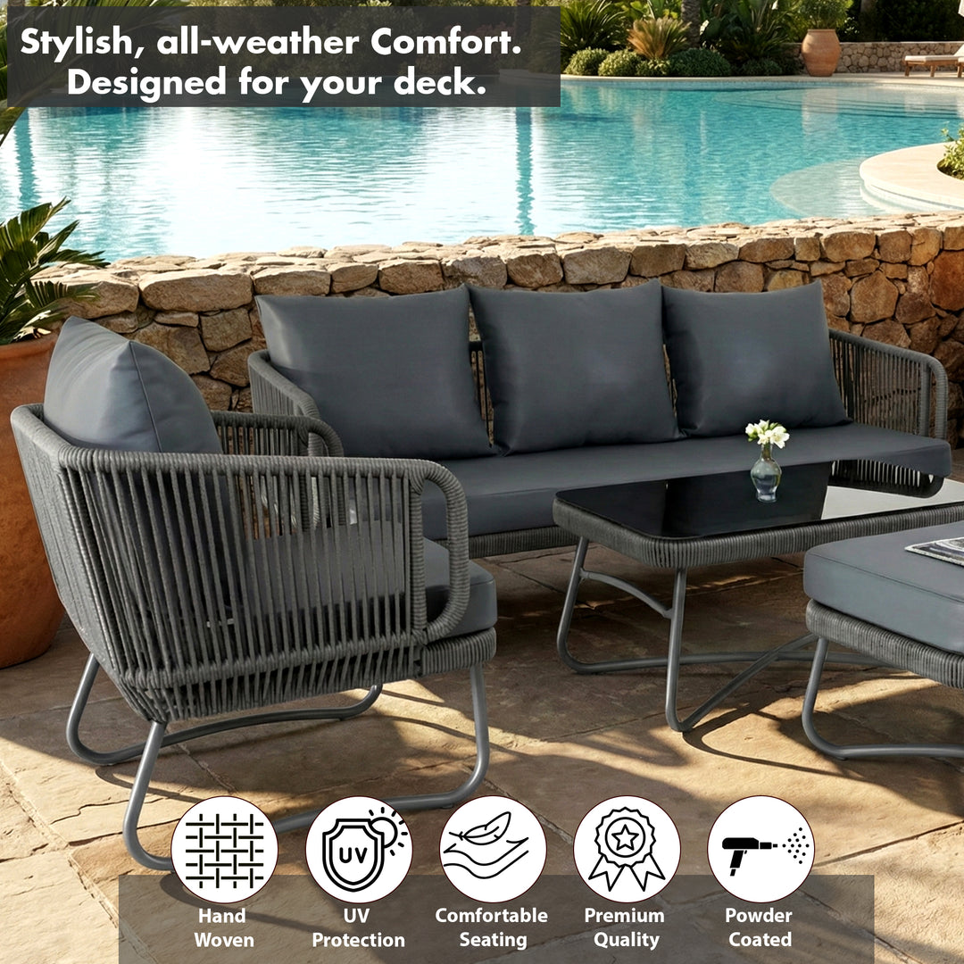 Castolo Outdoor Garden Balcony Sofa Set 3 Seater, 2 Single Seater 1 Ottoman and 1 Center Table Set Braid & Rope (Grey)