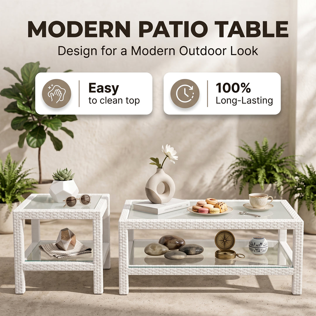 Hudson Outdoor Garden Balcony Sofa Set 3 Seater, 2 Seater With 2 Single Seater and 1 Center Table With 1 Side Table Set (White)
