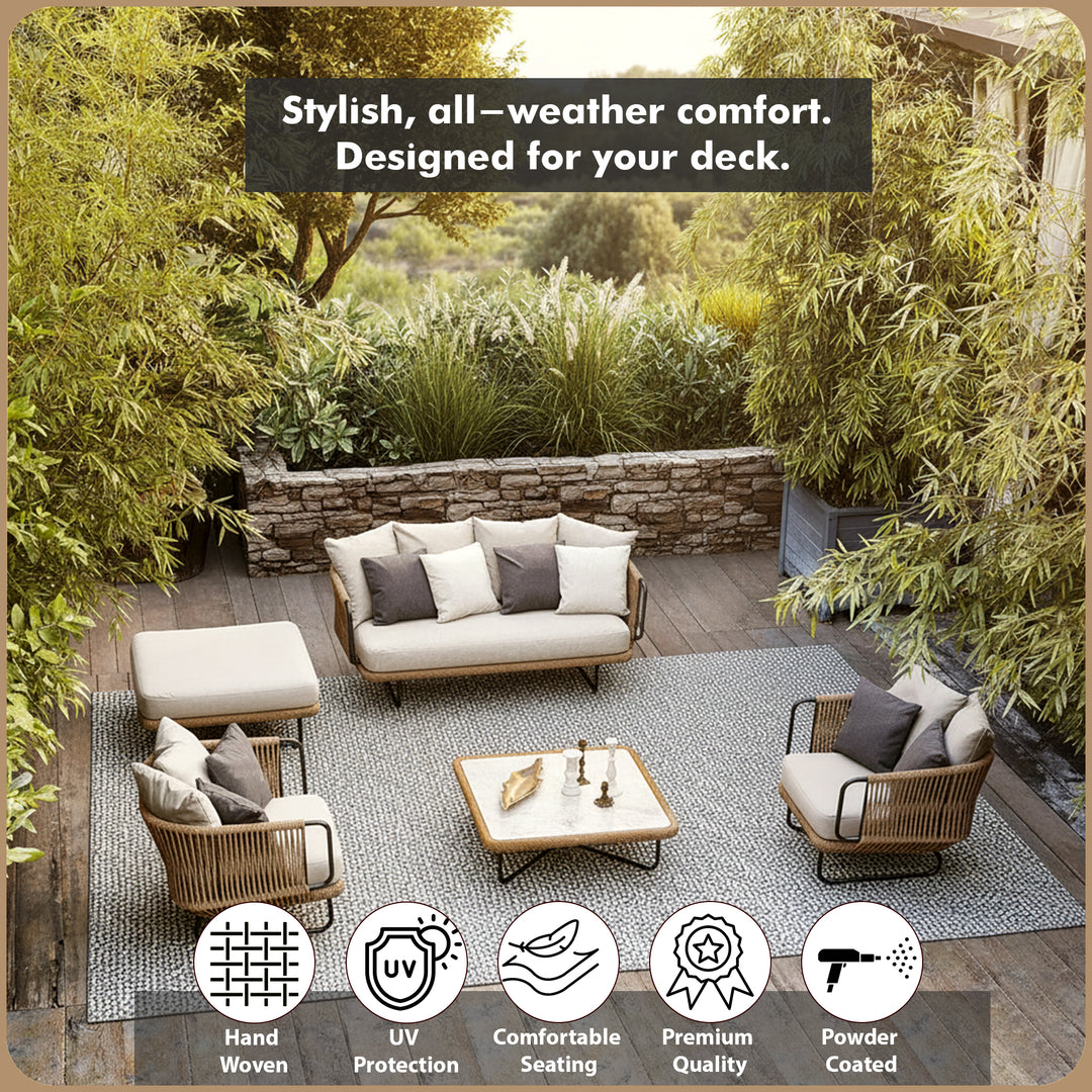 Kenly Outdoor Sofa Set 2 Seater, 2 Single seater and 1 Center Table with ottoman (Tan) Braided & Rope