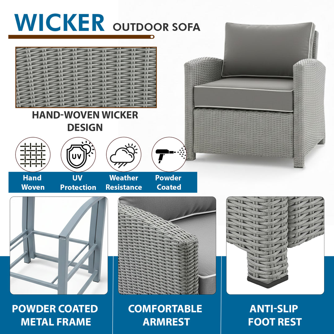 Bien Outdoor Garden Balcony Sofa Set 3 Seater, 2 Single seater, 2 Ottoman and 1 Center Table Conversation Set (Grey)