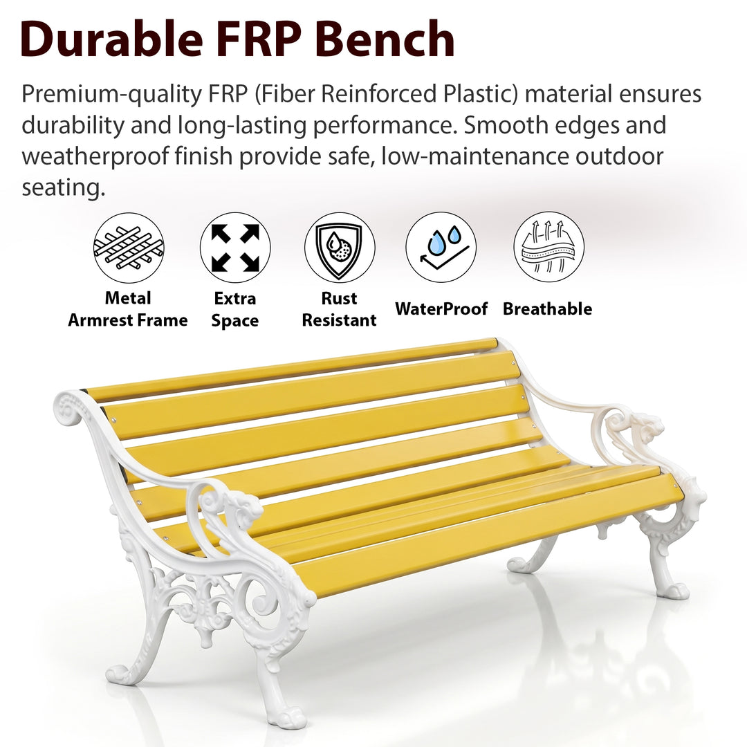 Pryce Cast Iron 3 Seater FRP Garden Bench for Outdoor Park - (White + Yellow)
