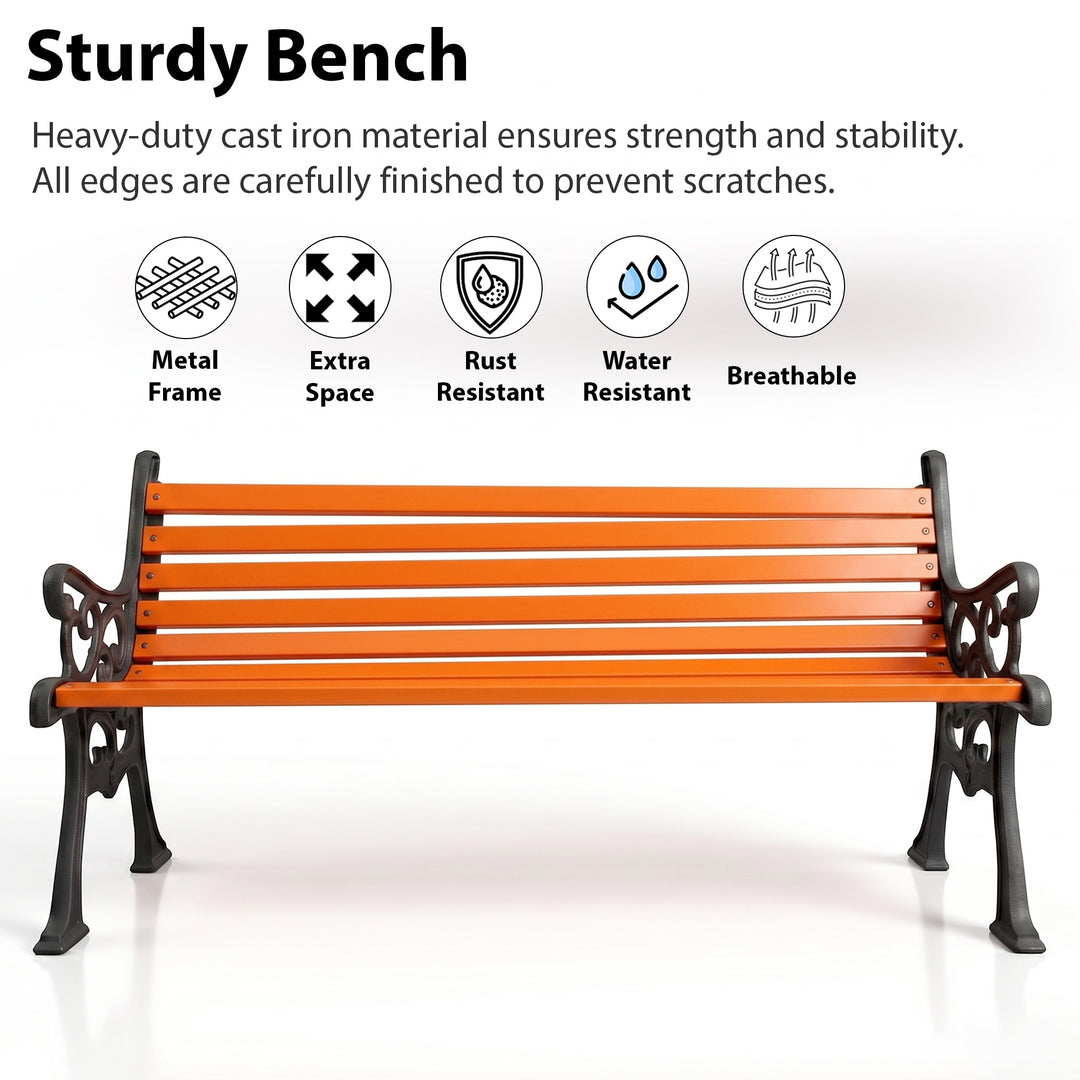 Crafty Cast Iron 3 Seater Garden Bench for Outdoor Park - (Black + Orange)