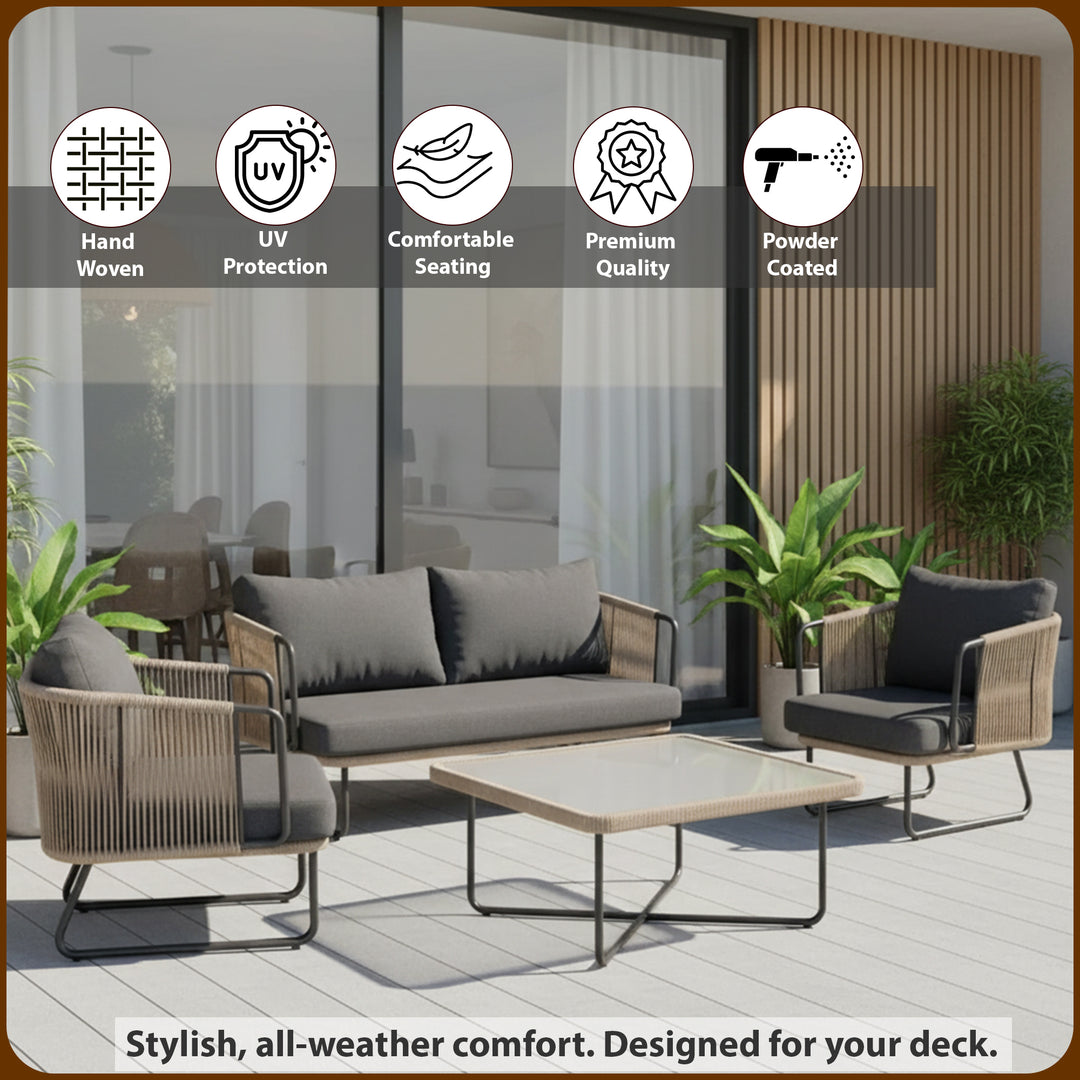 Belle Outdoor Garden Balcony Sofa Set 2 Seater , 2 Single Seater 1 Center Table Set (Dark Grey) Braided and Rope