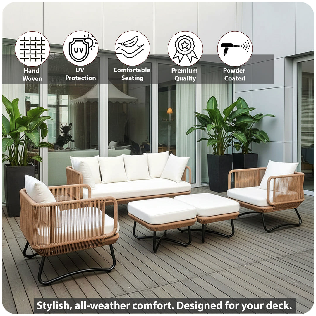 Kuub Outdoor Sofa Set 3 Seater, 2 Single seater,2 Ottoman(Tan)