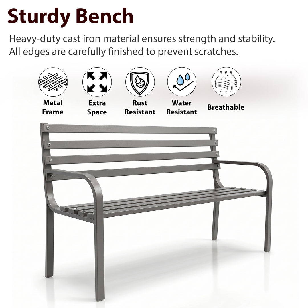 Faith Metal 3 Seater Garden Bench for Outdoor Park - (Grey)