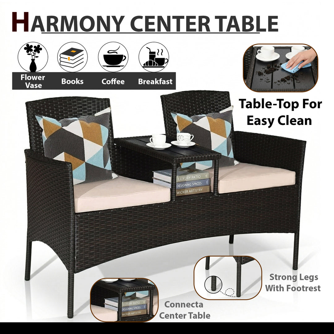 Dreamline Outdoor Furniture Garden Patio Seating Set of 2 Attached Chairs and Table Set Balcony Furniture Coffee Table Set(Black)