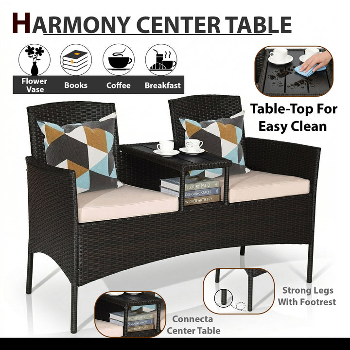 Dreamline Outdoor Furniture Garden Patio Seating Set of 2 Attached Chairs and Table Set Balcony Furniture Coffee Table Set(Black)