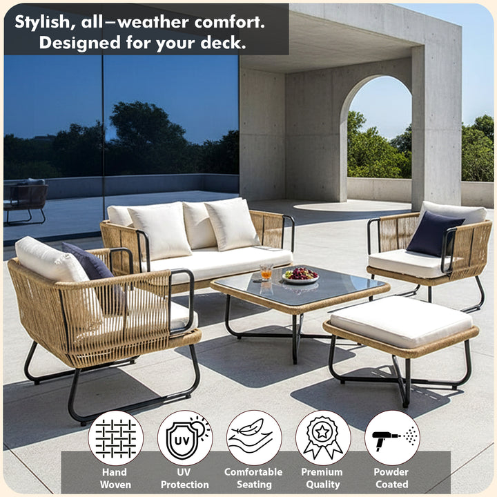 Elix Outdoor Sofa Set 2 Seater, 2 Single seater and 1 Center Table with ottoman (Beige) Braided & Rope
