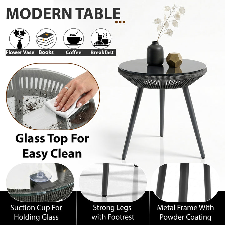 Brila Outdoor Patio Seating Set 2 Chairs and 1 Table Set (Black) Braided & Rope