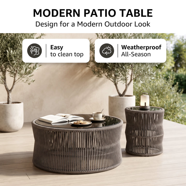 Madaki Outdoor Garden Balcony Sofa Set 3 Seater , 2 Single Seater and 1 Center Table & 1 Side Table Set, Braid & Rope (Grey)